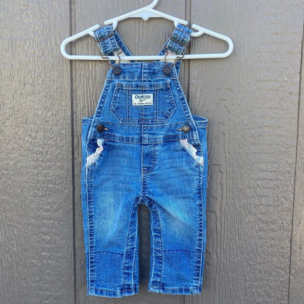 Oshkosh B'Gosh Blue Denim Overalls with Flower Trim Pockets & Hem Lining Sz 3m